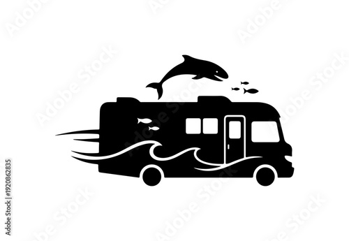 Whimsical RV with Dolphin Silhouette Vector Art