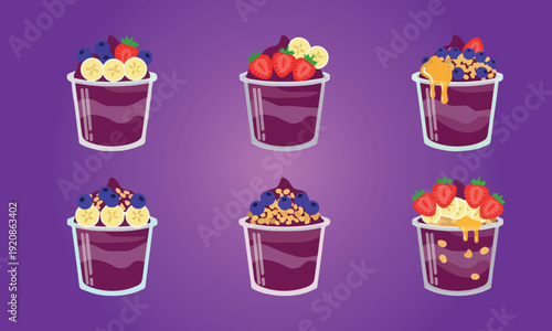 Colorful Acai Bowl Cups with Fresh Fruits and Honey Toppings Vector Illustration