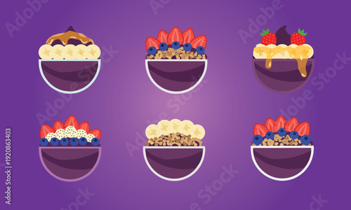 Assorted Acai Dessert Cups with Banana, Strawberry, Blueberry and Granola