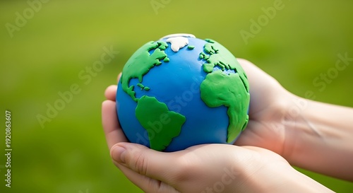 Human Hands Holding a Small Green and Blue Earth Globe Made of Clay for Environmental Protection and Ecology earth globe green nature ecology