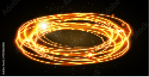 Energy abstract glowing light rings dynamic circular vortex, luminous neon plasma trails with sparkling particles futuristic cosmic background