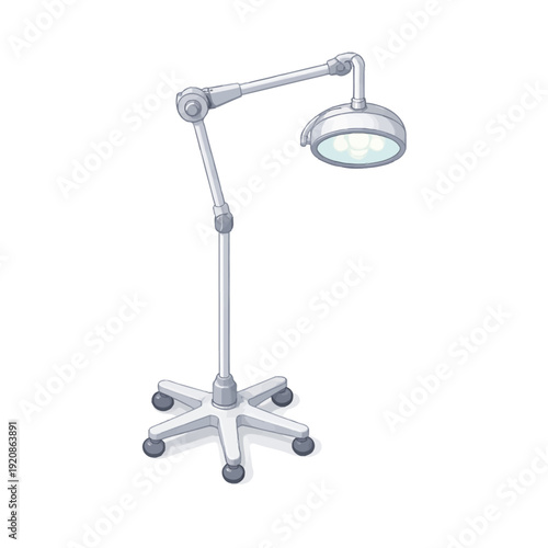 Vivid isometric illustration of a modern medical examination lamp on a mobile wheeled stand, perfect for hospital and clinic settings, emphasizing essential diagnostic and healthcare equipment