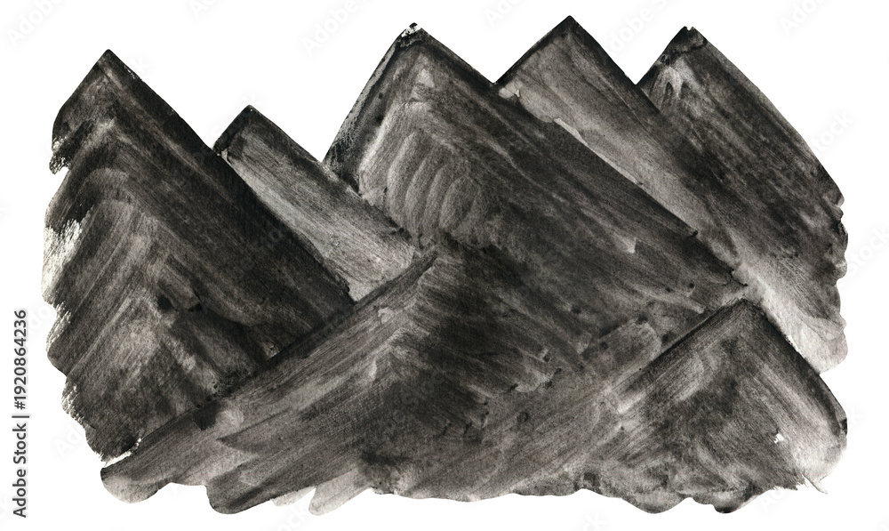 Naklejka premium Watercolor black ink grunge hand painting mountains illustration. Watercolour brush stroke textured hill landscape isolated on white background, outdoor travel concept, paint peak boarder