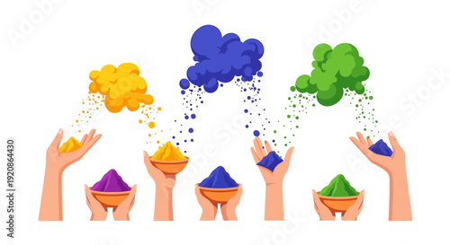 Illustration of hands releasing eco-friendly Holi color powders in vibrant hues against a clean white background, celebrating a sustainable festival with organic colors and joyful design