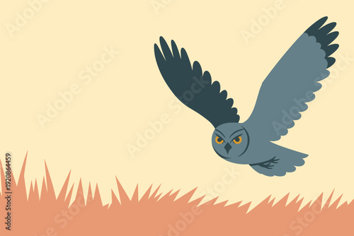 Majestic owl in flight over grassy terrain with intense gaze