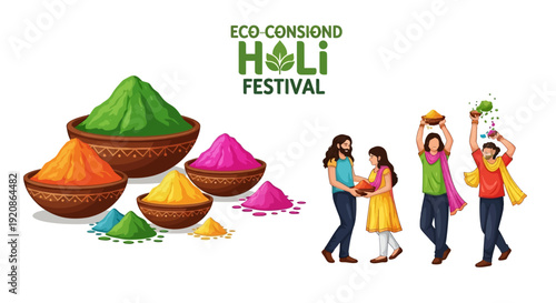 Illustration of a joyful family celebrating Holi with eco-friendly color powders in a vibrant and colorful festival scene in India.