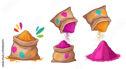 Vector illustration of eco-friendly Holi celebration with organic color powder festival design, colorful powder pouring from burlap sacks on a clean white background.