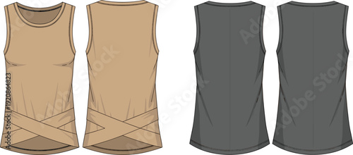 Front and back view sleeveless tank top mockup, modern athletic apparel design template, casual unisex clothing illustration isolated