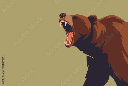 Fierce brown bear roaring with open mouth and sharp teeth