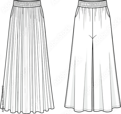 Elegant pleated wide leg palazzo pants vector illustration, front and back view fashion technical drawing template design