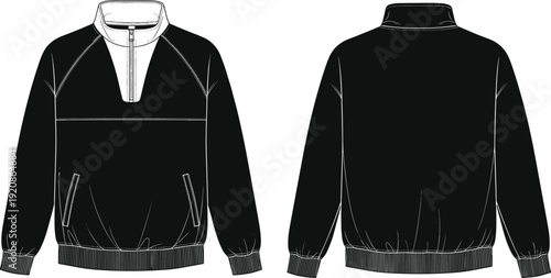 Men pullover jacket technical fashion illustration, front and back view sportswear mockup black apparel design