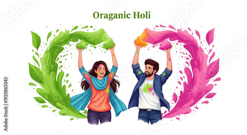 Illustration of a young couple celebrating Holi with eco-friendly organic color powder in a vibrant and joyful festival atmosphere.