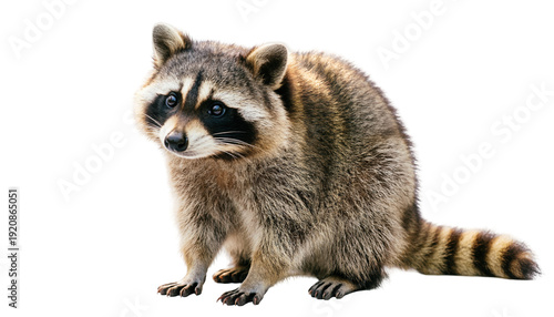 Adorable raccoon isolated PNG on transparent background, cute mammal with distinctive black mask and ringed tail for wildlife and animal themes