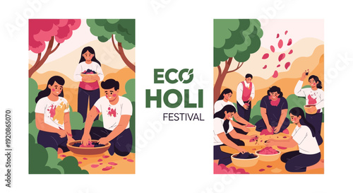 Illustration of a family and friends celebrating Holi with eco-friendly organic color powder in a vibrant outdoor setting with trees and a warm mood.