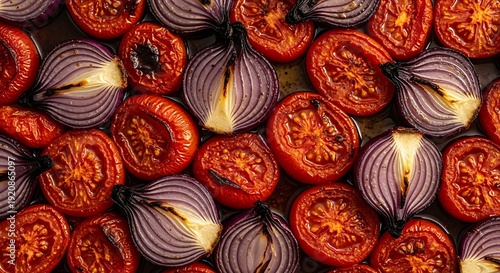 Pattern of Sliced Red Tomatoes and Purple Onions for Healthy Food Cooking and Vegetable Backgrounds tomato onion vegetable food healthy