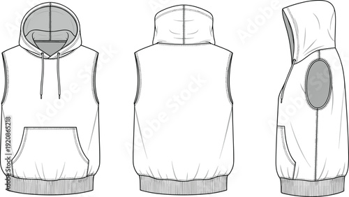 Sleeveless hoodie vest mockup, front back and side view apparel template, casual sportswear garment vector illustration
