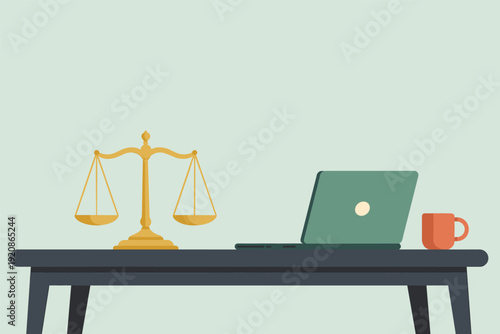Modern workspace with laptop and justice scale on desk