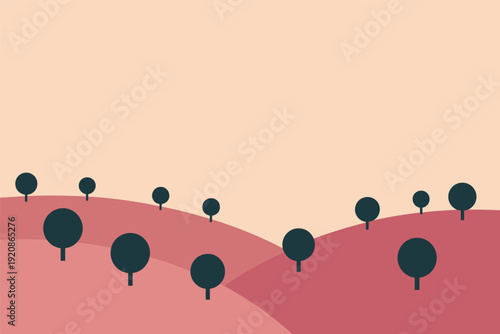 Minimalist landscape with dark trees on rolling red hills