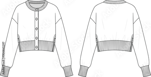 Women cropped cardigan sweater technical fashion illustration, front and back view apparel mockup line art design template