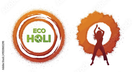 Illustration of a person celebrating eco-friendly Holi festival with sustainable organic color powder in a vibrant and colorful design.