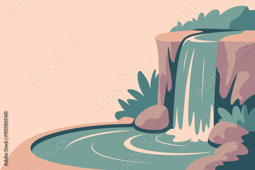 Serene waterfall cascading into tranquil pool surrounded by lush greenery