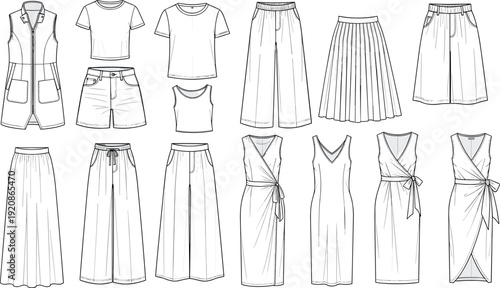 Women fashion clothing technical flat sketches collection, dresses tops skirts pants shorts apparel outline vector set isolated