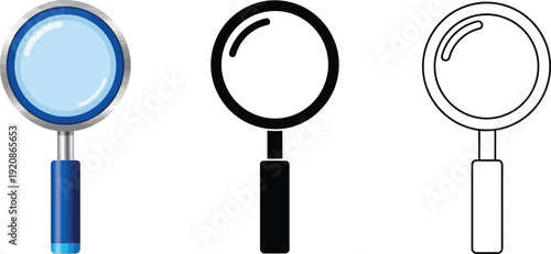 Magnifying Glass Icon Set with Realistic 3D Blue Glass, Solid Black Silhouette, and Minimalist Line Art Styles Isolated on White Background for Search, Discovery, and Research Analysis