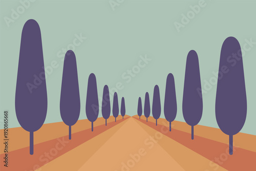 Serene landscape with purple trees on orange pathway