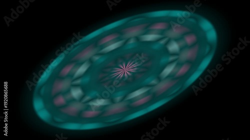 Hypnotic Teal and Pink Circular Light Pattern on Black Background.