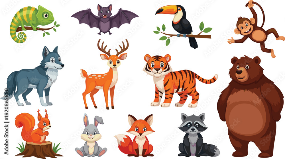Fototapeta premium Cute Wild and Forest Animals Cartoon Set with Tiger Bear Deer Wolf and Jungle Characters Vector Illustration