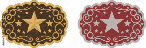 Western Sheriff Badge Belt Buckle Set with Ornate Star Design Vintage Cowboy Emblem Vector Illustration for Ranch Branding Law Enforcement Graphic Retro Apparel Decoration Badge Sign.