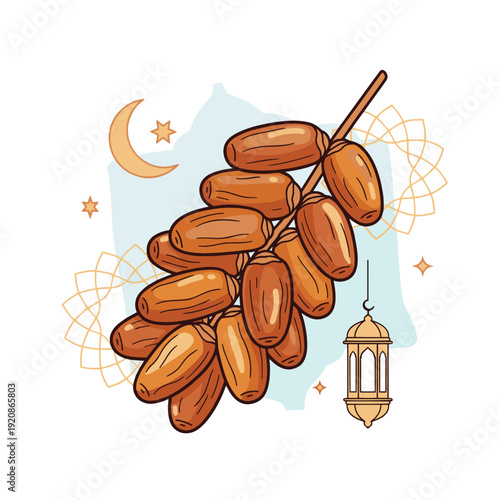 A detailed illustration of a branch laden with dates, a staple food during Ramadan, showcasing its cultural significance.