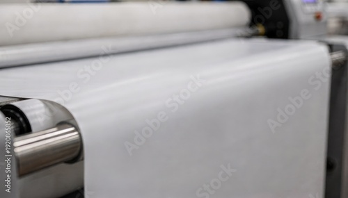 Focus on softtouch lamination as it smooths evenly over a dust jacket in a medium shot with the machine and environment in soft blur for contrast.
