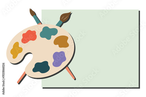 Artist's palette with colorful paints and brushes on blank canvas