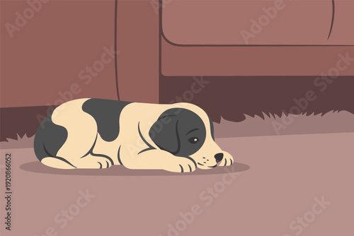 Cute puppy lying on floor in front of sofa looking sad