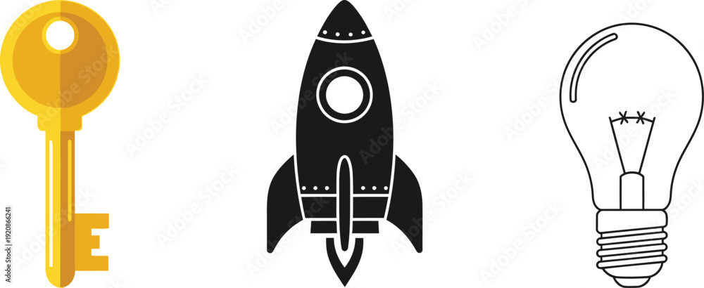 Naklejka premium Business Icon Set featuring Rocket Launch, Light Bulb Idea, and Key to Success – Modern Flat Vector Graphics for Startups, Innovation, and Corporate Strategy Concepts
