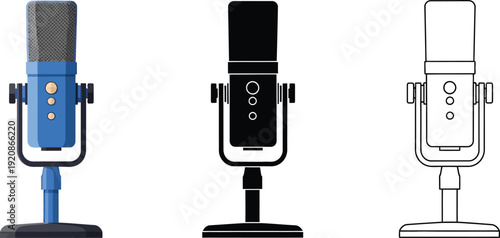 Condenser Microphone Icon Set for Podcast and Studio Recording, Professional Voiceover Equipment in Flat, Silhouette, and Outline Vector Styles Isolated on White Background