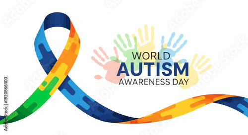 Autism Awareness Day Ribbon Handprint Logo Design.