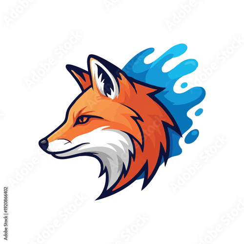 Stylized fox head logo with sharp features, orange and white fur, blue water splash effect, dynamic and energetic, vector art