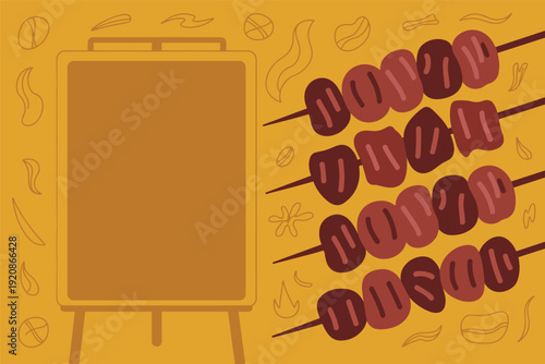 Mouthwatering skewers of meat on a grill with blank menu board