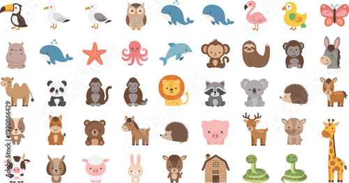 Cute Animal Mega Collection Cartoon Set with Farm Safari Forest Ocean and Zoo Animals Vector Illustration