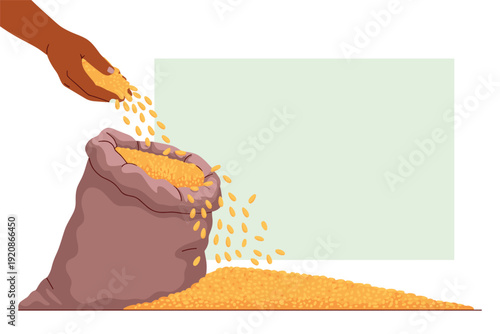 Hand pouring golden grains from a burlap sack