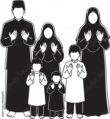 Muslim Family Praying Together – Islamic Dua Silhouette Illustration