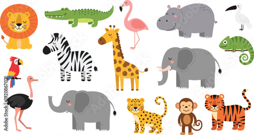 Cute Safari and Zoo Animals Cartoon Set with Lion Elephant Giraffe Zebra Tiger and Crocodile Vector Illustration