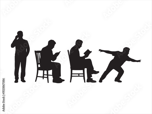 Silhouettes of  business people in different poses and actions on white men. Business People Different Actions Silhouette Set
