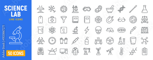 Laboratory microscope research chemistry dna chemical icon set. Chemistry lab experiment medicine development line icon set