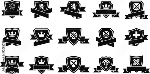 Shields with Ribbons, Crowns, and Heraldic Symbols