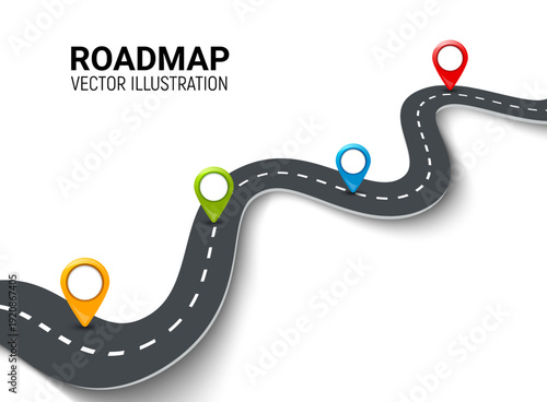 Roadmap 3d infographic timeline path vector concept. Road map winding isometric journey way background.