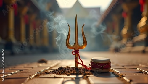 Close-up of sacred golden Trishul trident and Damaru drum with temple incense smoke.