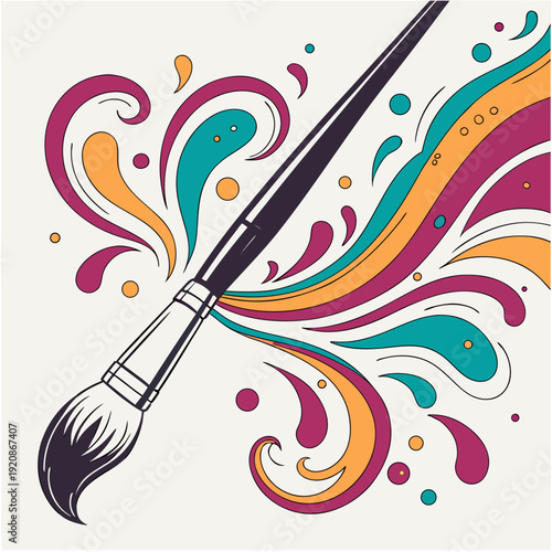 Artistic paintbrush unleashing vibrant magenta teal and orange swirls, creative abstract illustration.